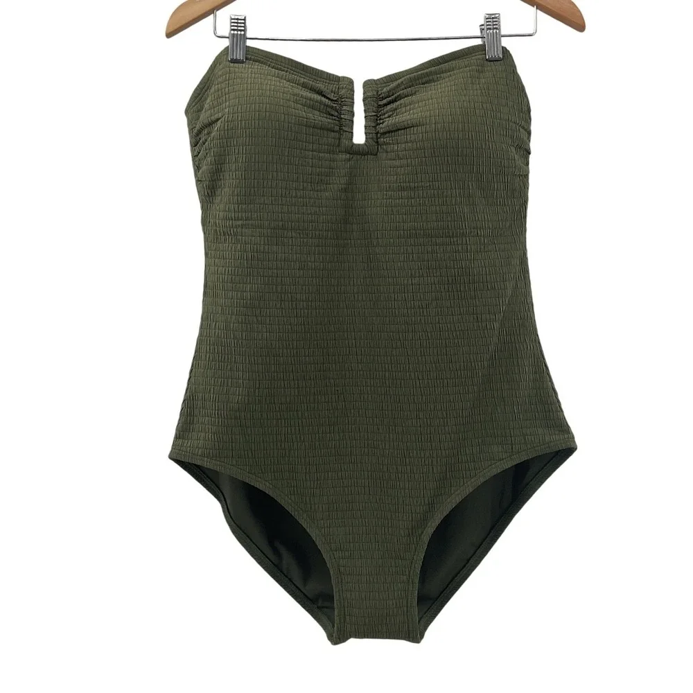DKNY Womens Olive Green Smocked Strapless Notch One Piece Swimsuit XL NEW - Picture 10 of 13